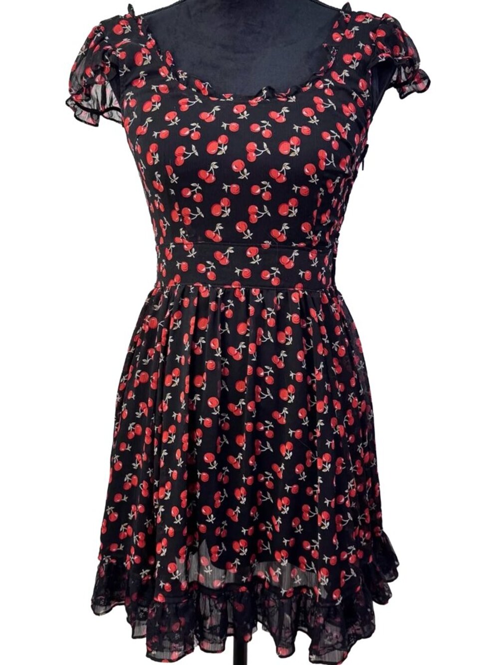 Royal Bones Cherry Print Dress Small Goth Punk Coquette Y2K Fit Flare Mini